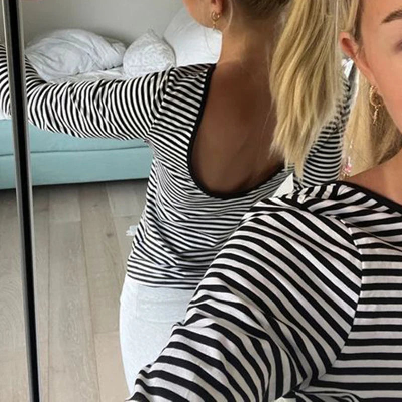 Backless Striped Print Slim Tee Shirts Long Sleeves Tees