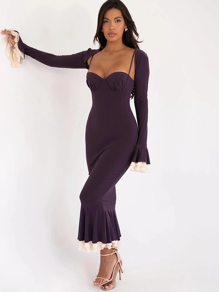 Square Collar Two Piece Sets Mermaid Dress Flare Sleeve Evening Dress