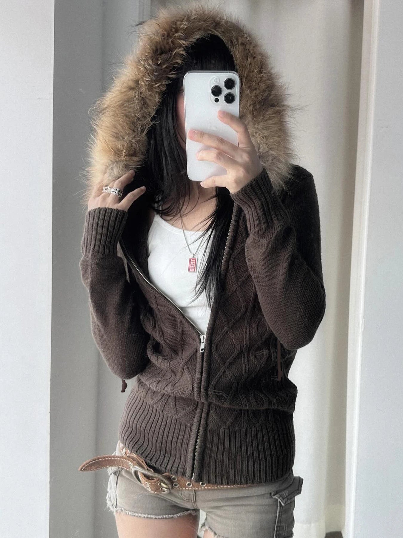 Zip Up Hoodie Coat 's Jackets Kintted Cardigan Twist Grain Fur Neck