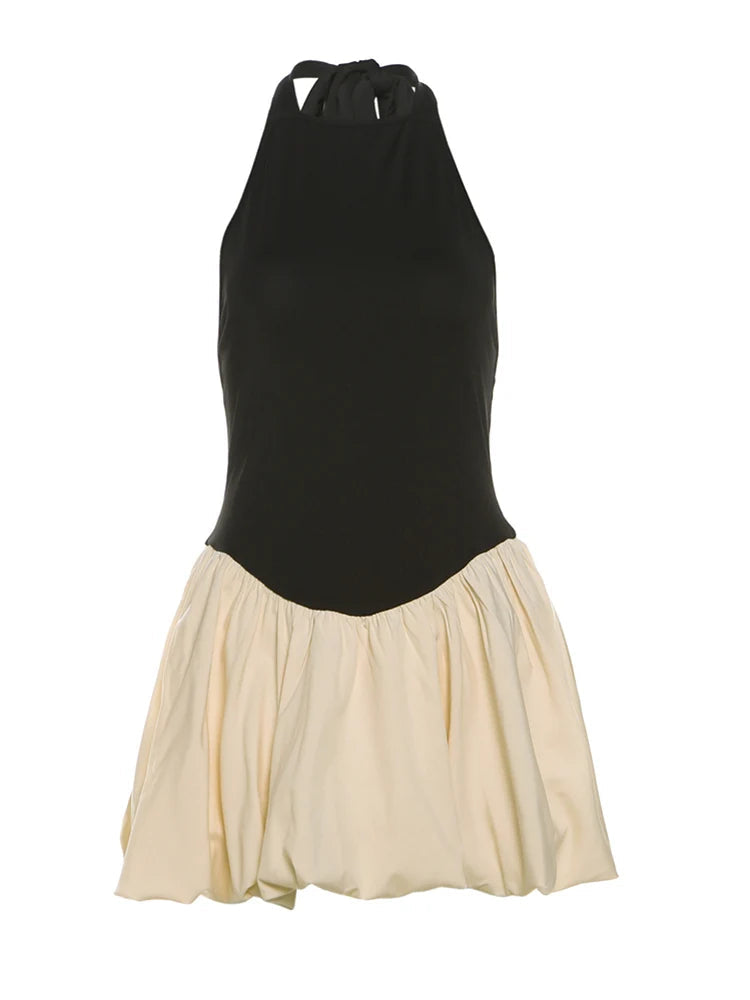 Halter Backless Dress Knot Ballet style Sleeveless Contrast Patchwork Street Mini Bodycon