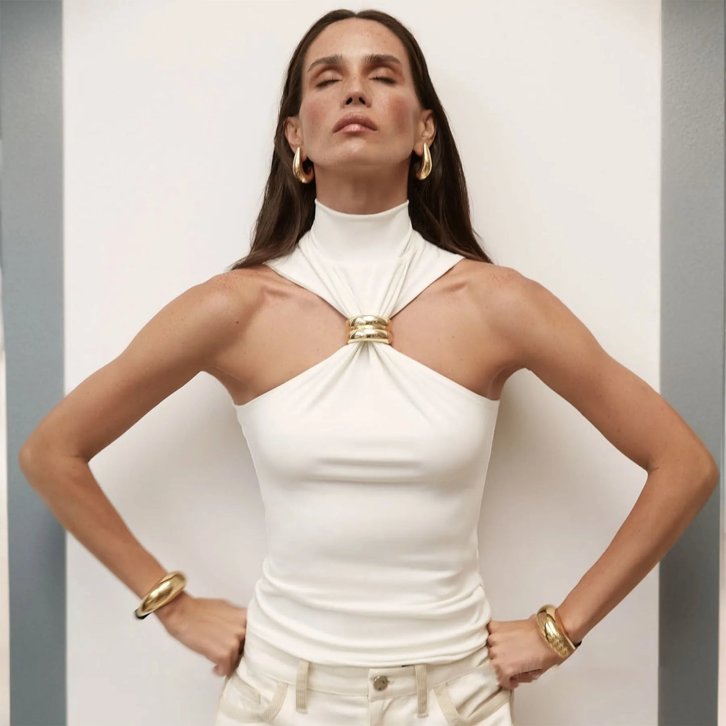 Turtleneck Knit Tank Top Vest Pullovers Metal Ring Camisole Sleeveless Knitted Top Cropped Top