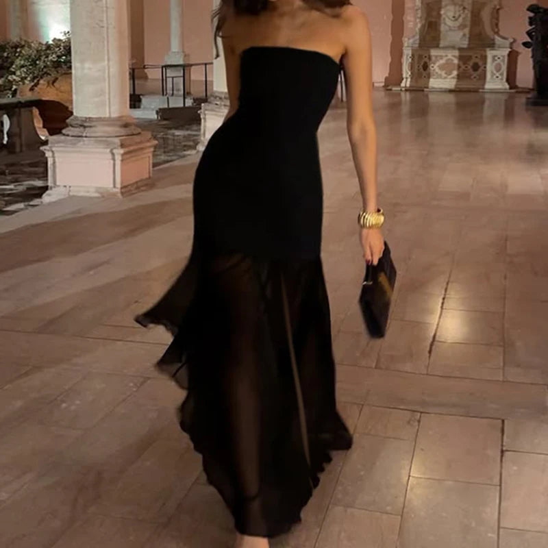 Strapless Mesh Dress Backless Split Evening Dress Floor-length Dress
