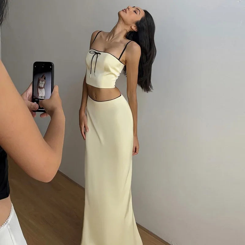 Apricot Satin Backless Crop Top and Midi Skirt Two Piece Set