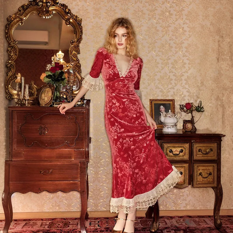 Patchwork Deep V-neck Lace Maxi Dress Short Sleeve ed Floral Dress French
