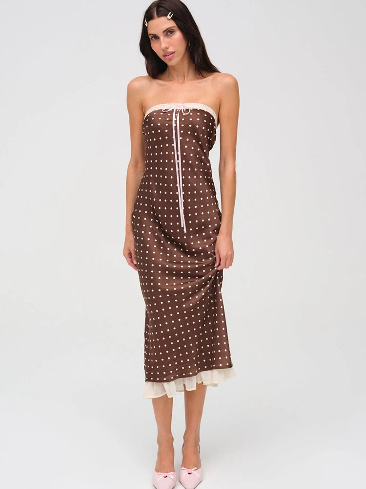 Strapless Polka Dot Dress Coffee Backless Lace Up Dress Femme Slim Evening Dress