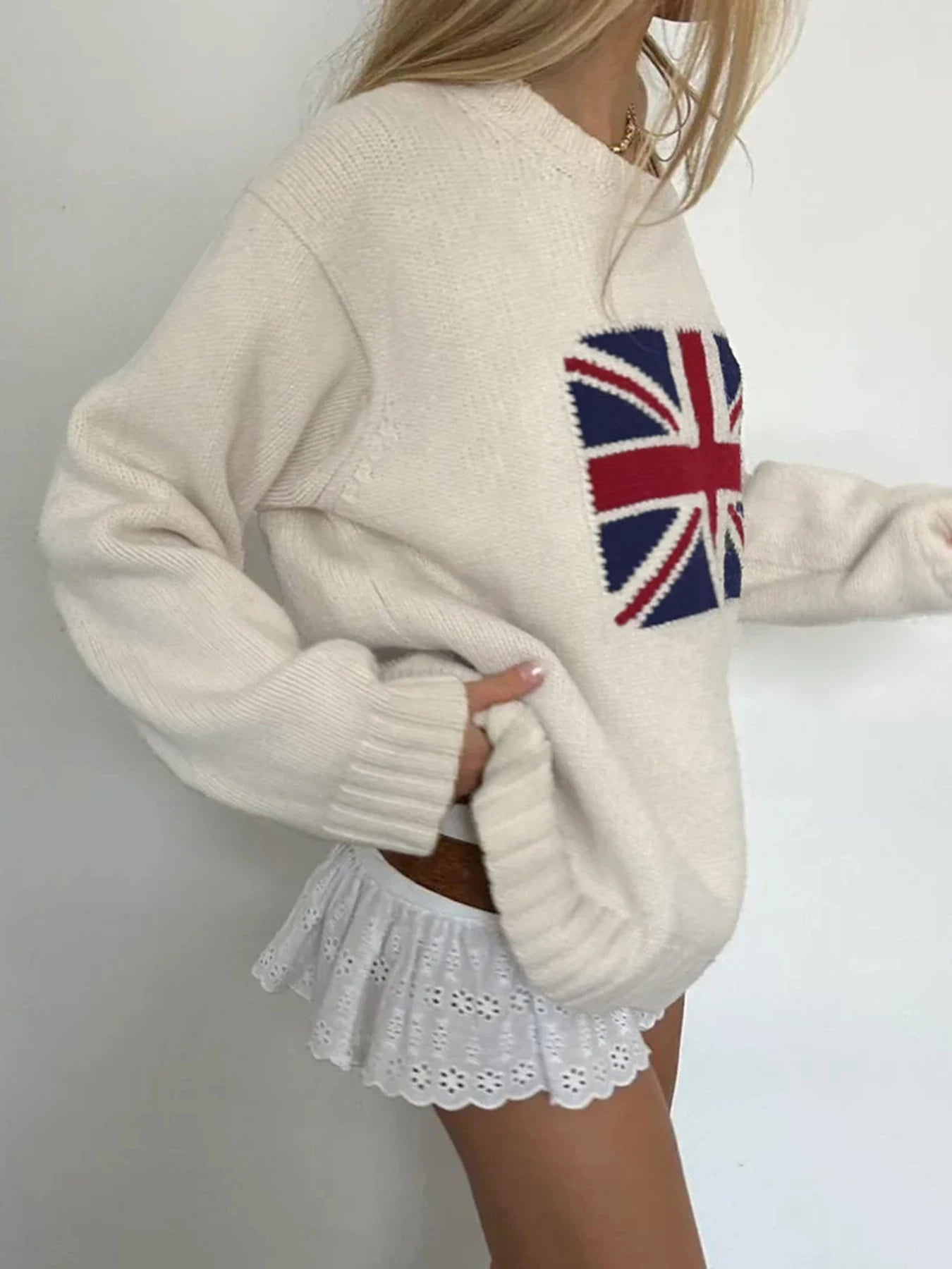 Graphic Patchwork Knitted Sweaters Crewneck Loose Crochet Top Pullovers