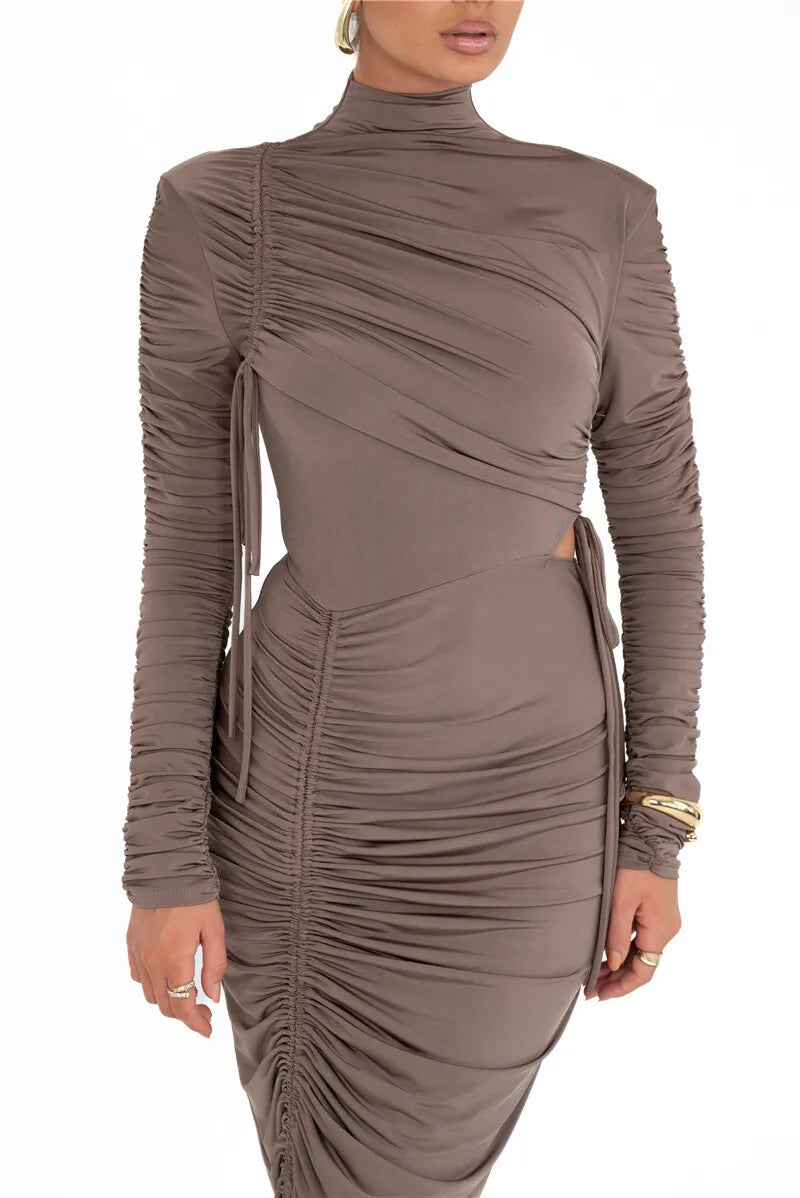 Long Sleeve Ruched Maxi Dress Drawstring Turtleneck Bodycon Long Dress