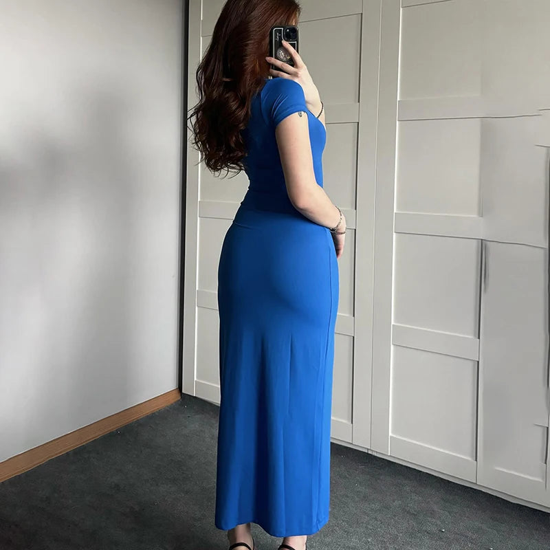 Square Collar Long Dress Short Sleeve Skinny Maxi Dress