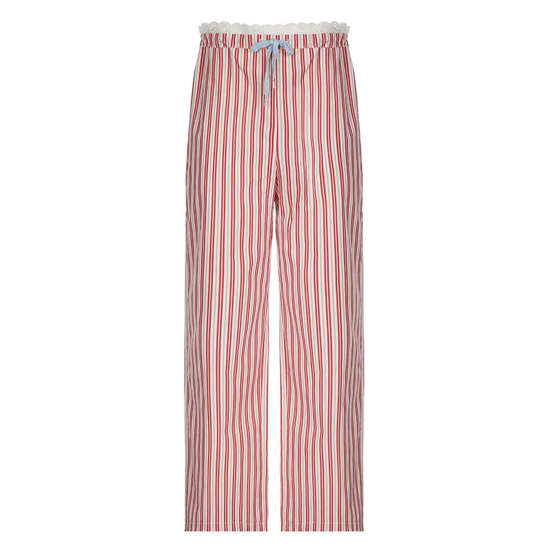 Striped Print Trousers Wide Leg Pants Lace Patchwork Japanese Bottom