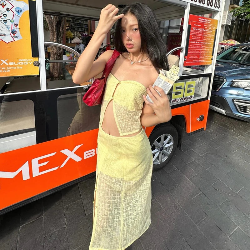 Yellow Strapless Crop Top and High Waist Midi Skirt Set