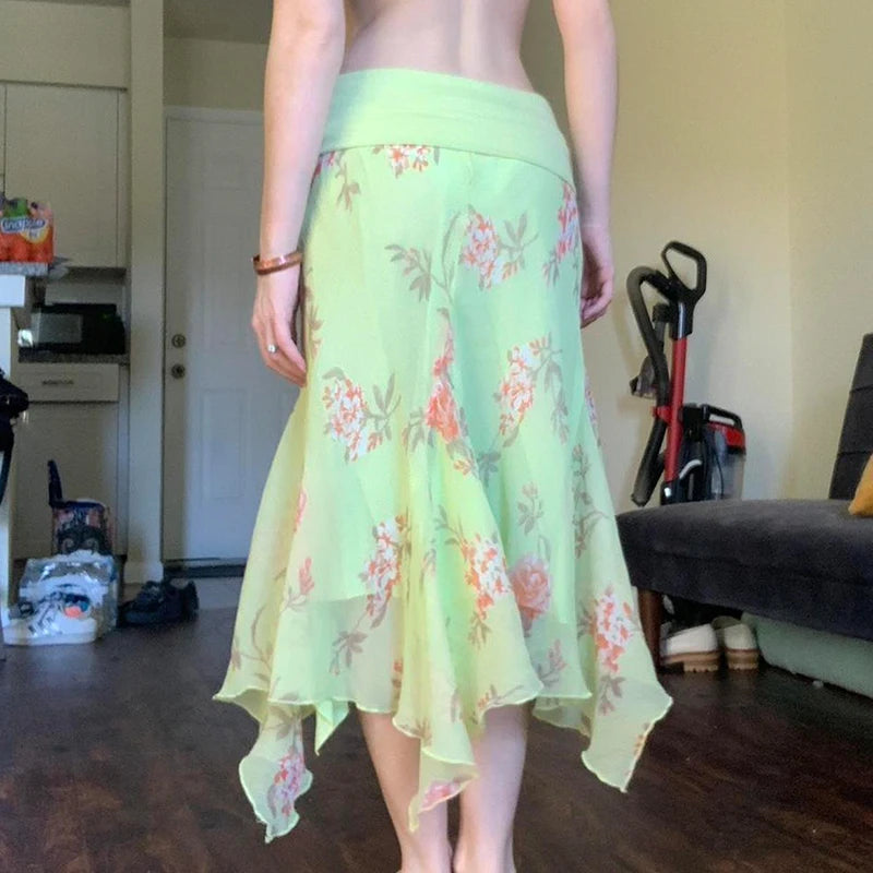 Floral Printing Asymmetric Hem Dress Colorful Fold Low Waist Mesh Sundress Bottoms