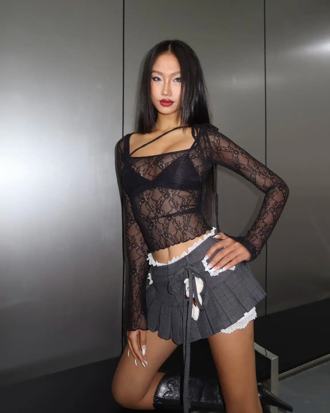 Gray Lace Up Pleated Mini Skirt