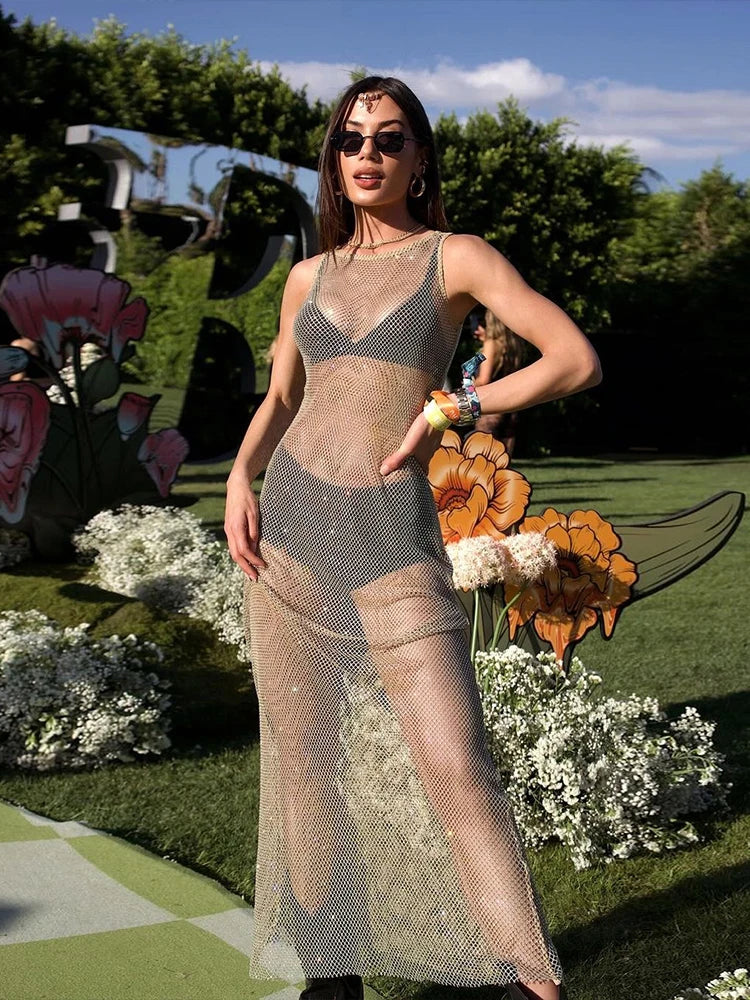 Shiny Meh Dress See Through Sleevele O-neck Straight Long