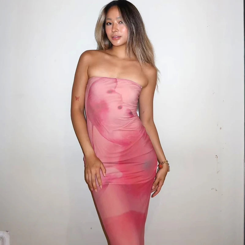 'S Color Collision Patchwork Strapless Waisted Package Hip See-Through Print Dress