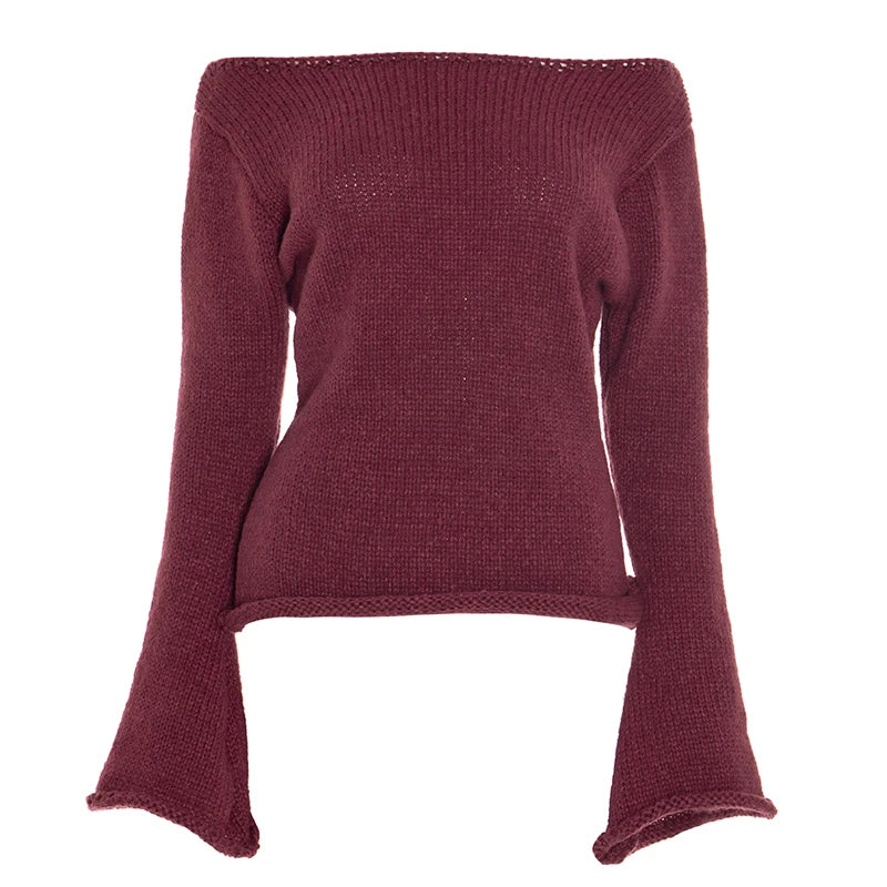Knit Off Shoulder Slim Long Bell Sleeve Sweater