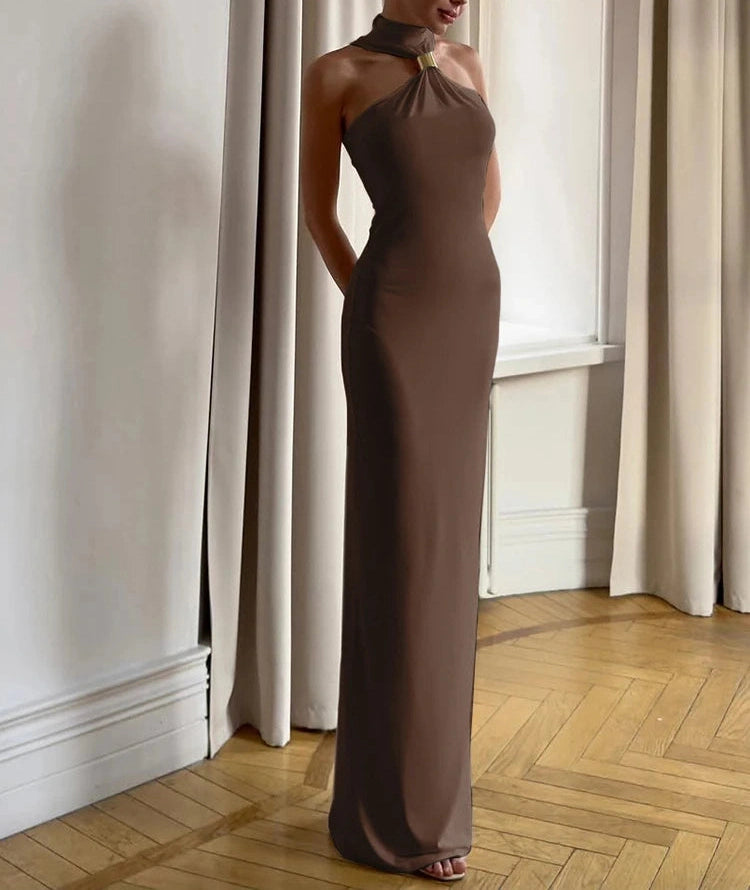 Metal Knots Dress Halter Folds Backless Sleeveless Slim Banquet Long Bodycon