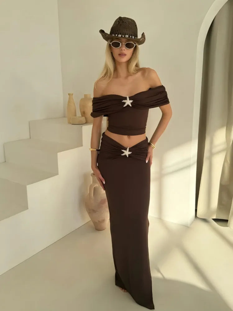Off Shoulder Metal Stars Skirt Suit Coffee Backless Crop Top Long Skirt Set