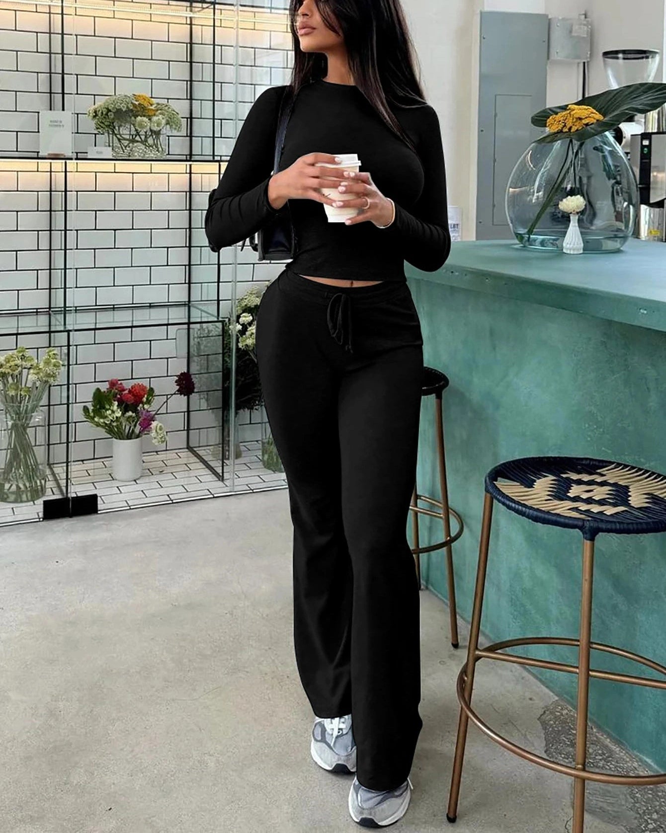 Long Sleeves Bodycon Crop Top And Drawstring Flare Pants Matching Set