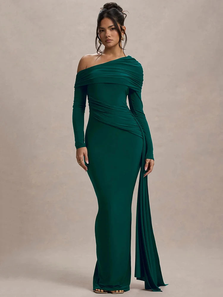 Skew Collar Long Sleeve Maxi Dress Gown Backless Draped Ruched Bodycon Long Dress