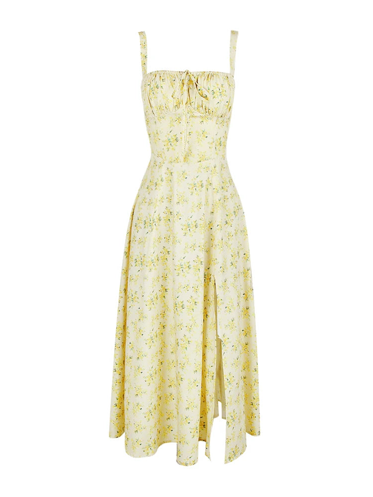 Floral Dress Midi Spaghetti Strap Lace Up Dress A Line