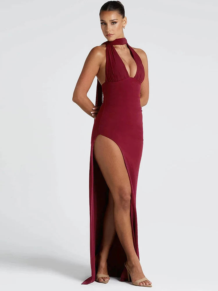 Dress Claic Halter V-neck Split Backless Slim Stretch Maxi Bodycon Banquet