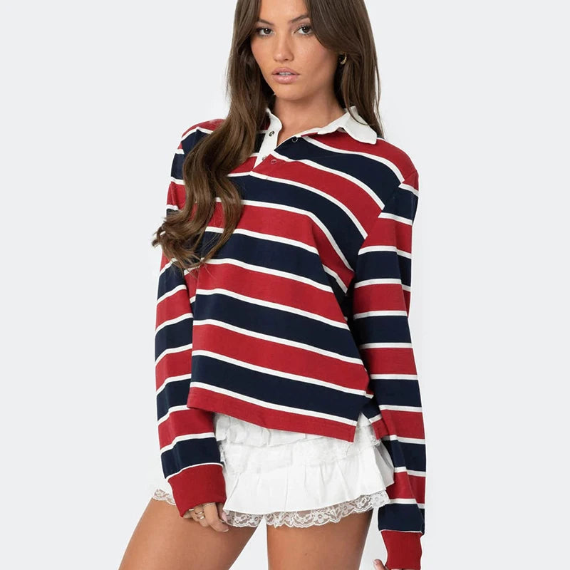 Strip Polo Shirt Long Sleeve Sport Pullover Bae Shirt