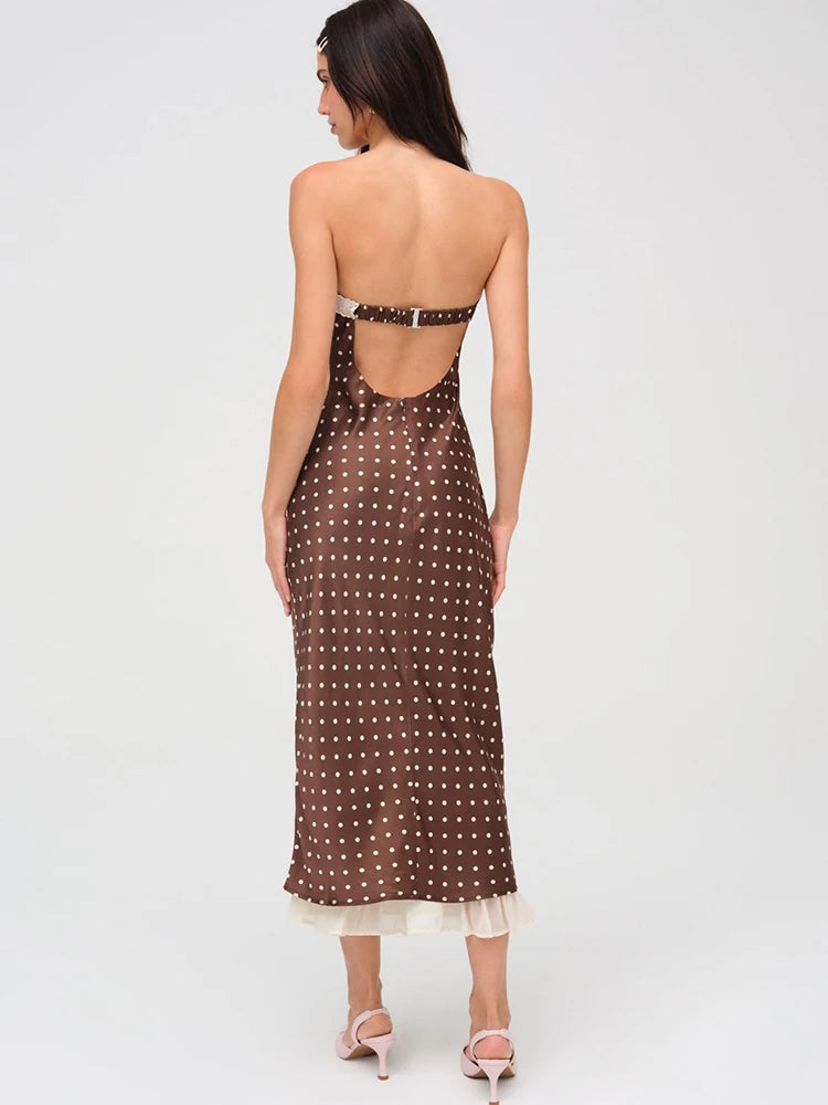 Strapless Polka Dot Dress Coffee Backless Lace Up Dress Femme Slim Evening Dress