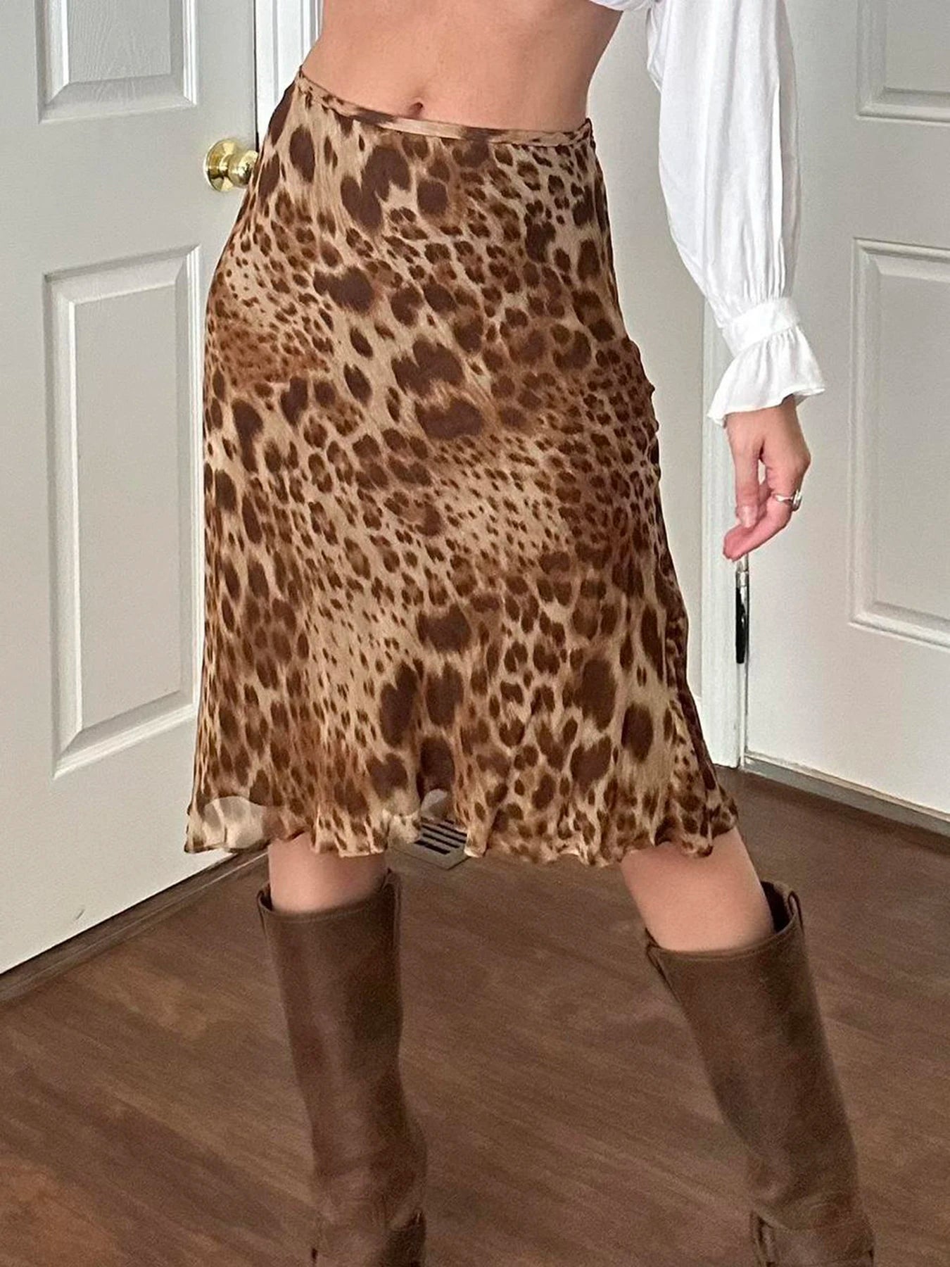 Leopard Skirt Two-layer Straight Bottom Elatic Wait Skirt