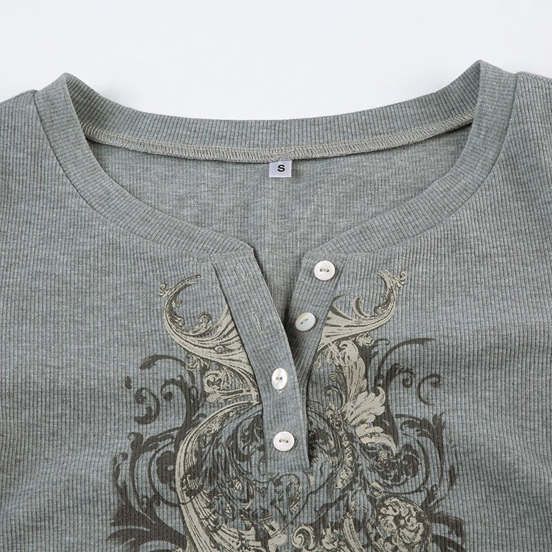 Graphic Slim Top Tee Long Sleeve Crewneck Grey Fairycore Shirt