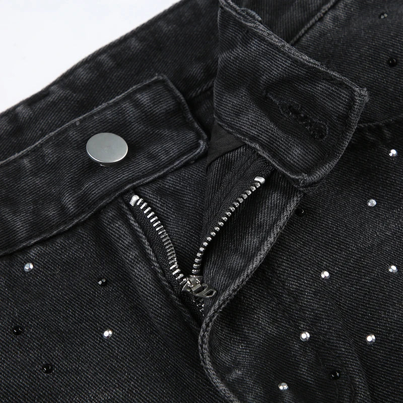 Rhinestone Loose Jeans Low Waisted Pockets Zipper Pants Bottoms