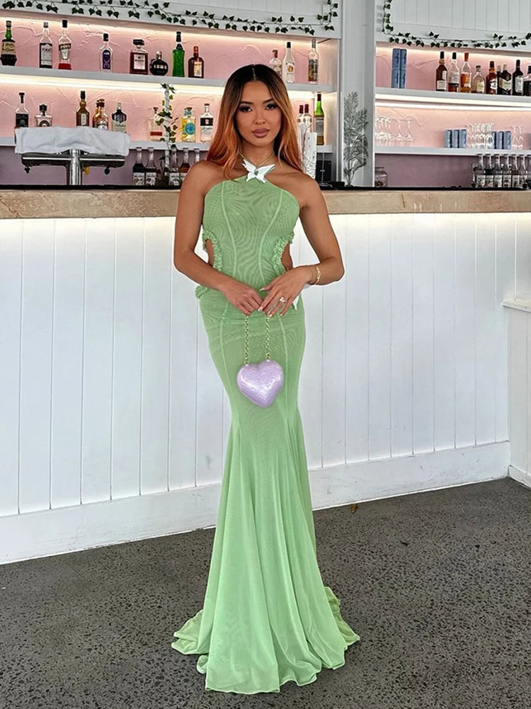 Sweet Elf Dress Pleat Trim Hollow Meh Stripe Splice Maxi Long