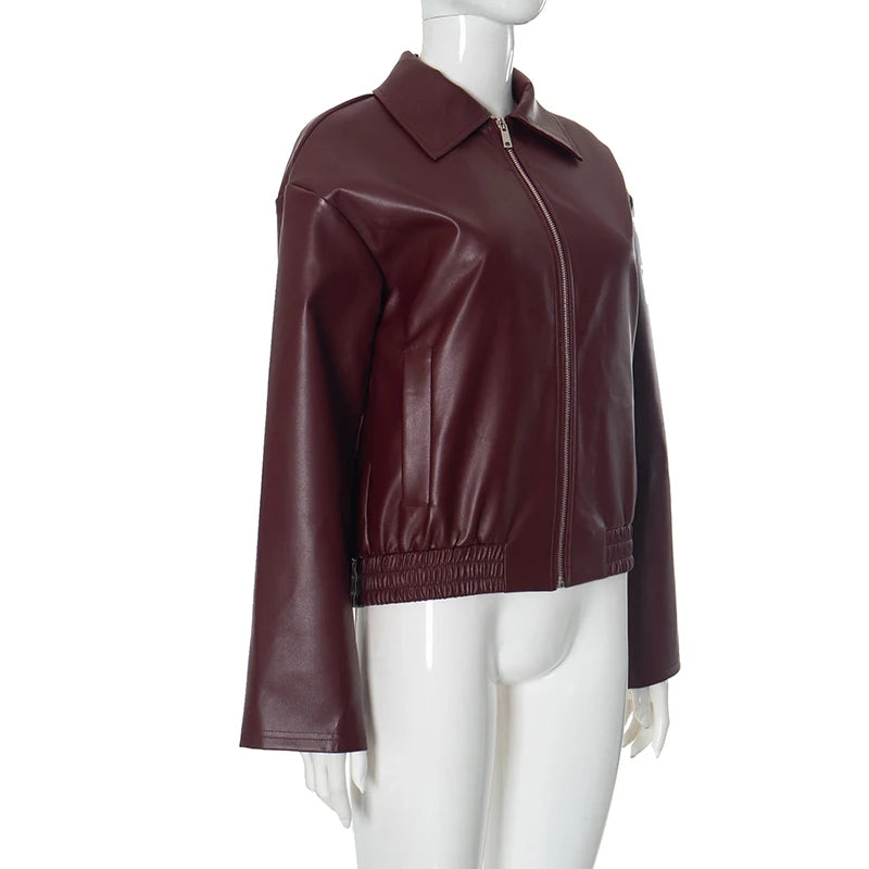 Biker Wind Leather Jacket Long-Sleev Zipper Jacket Looe Cardigan Jacket