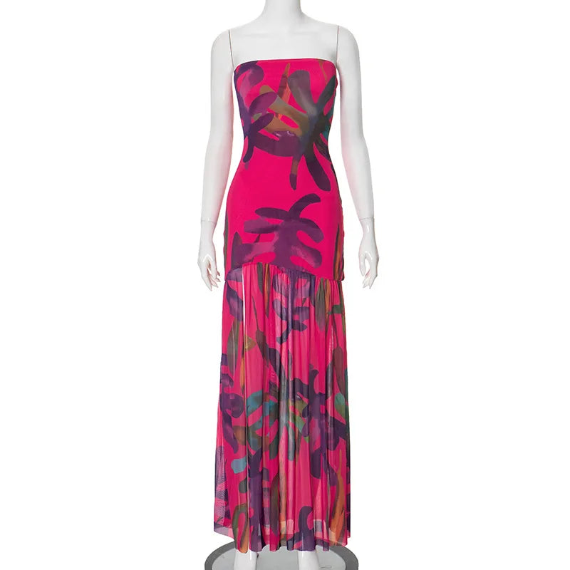 Tube Dress Leopard Strapless Backless High Slit Long Dress Mesh Patchwork Cocktail Dress
