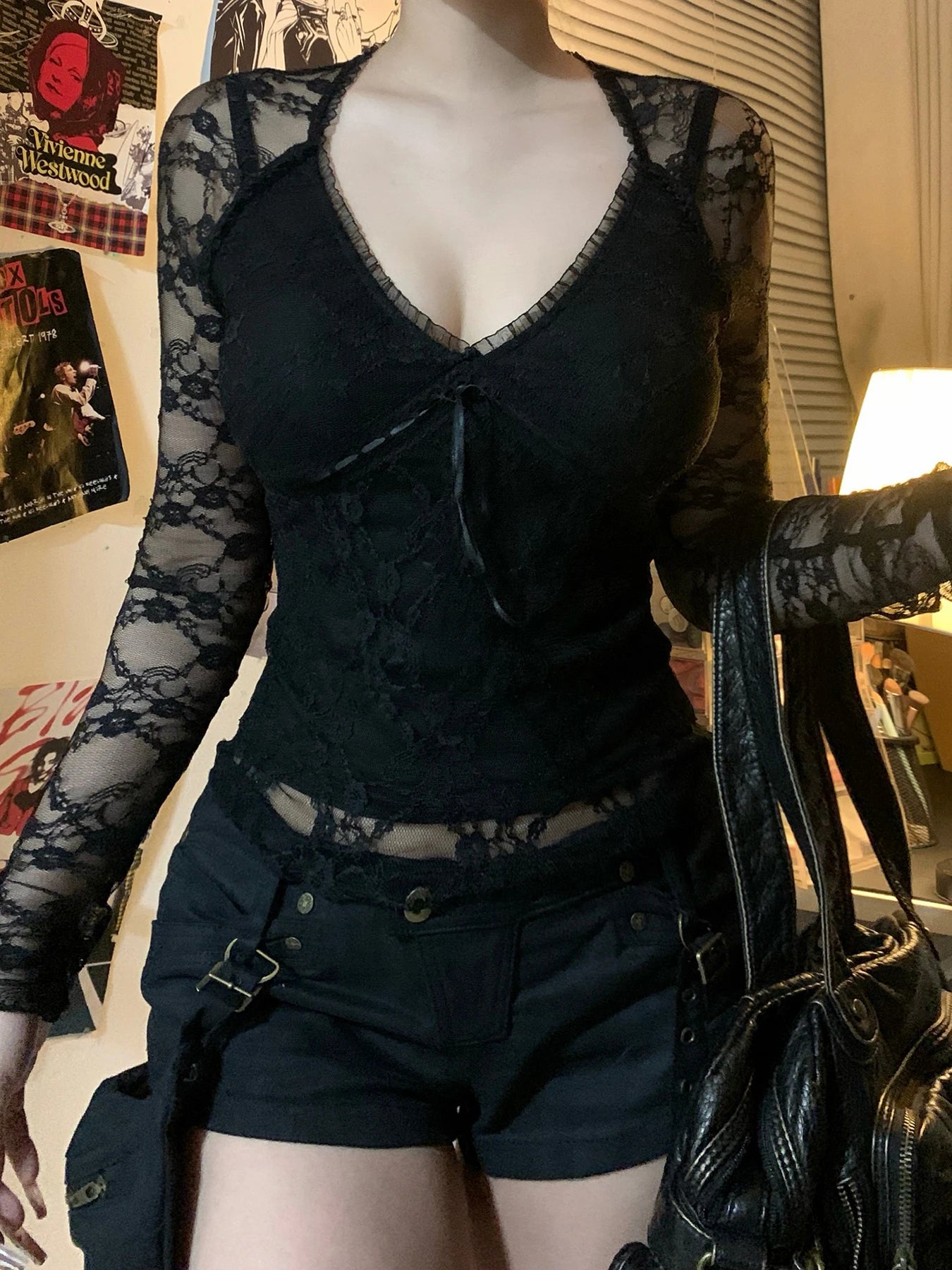Lace Patchwork Long Sleeves Slim Tee Shirts V-neck Bow Black Top