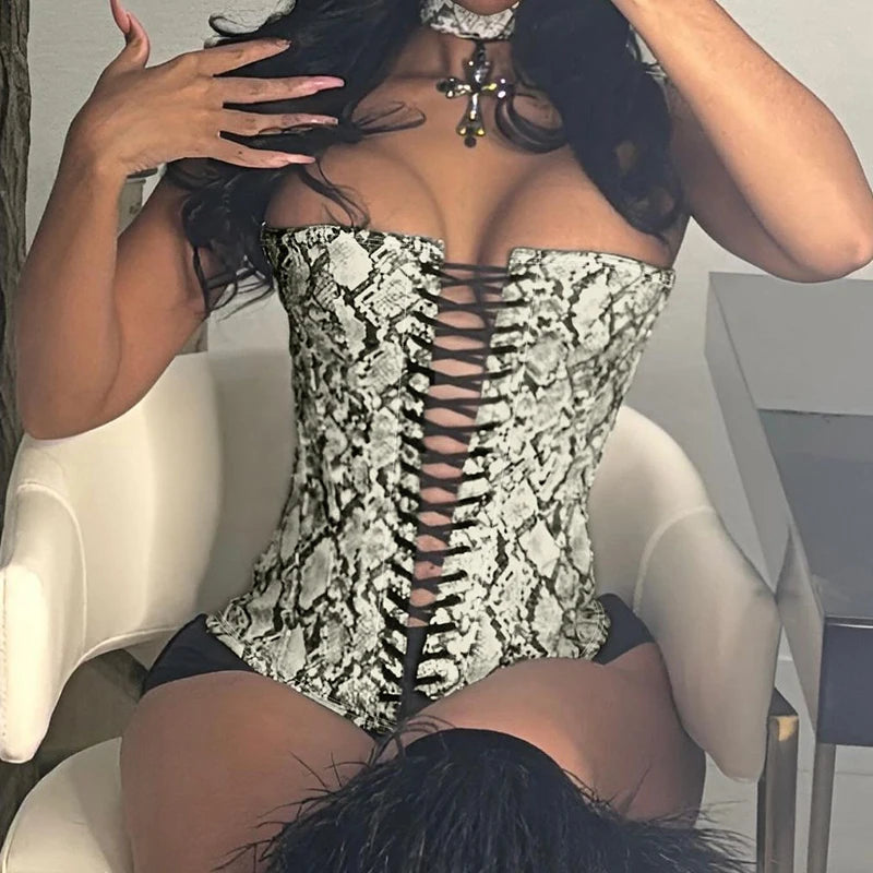 Off Shoulder Snake Print Tube Top Lace-up Bustiers Backless 's