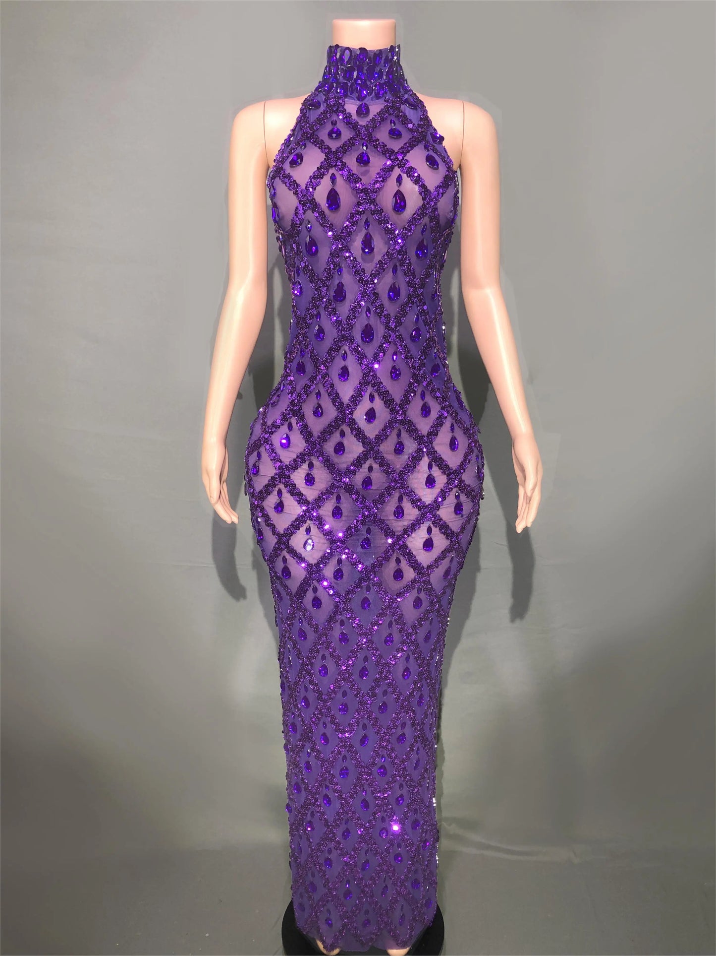 Sparkly Sequins Crystals Long Dress Prom Birthday Dress Transparent Performance Costume Show Stage Wear