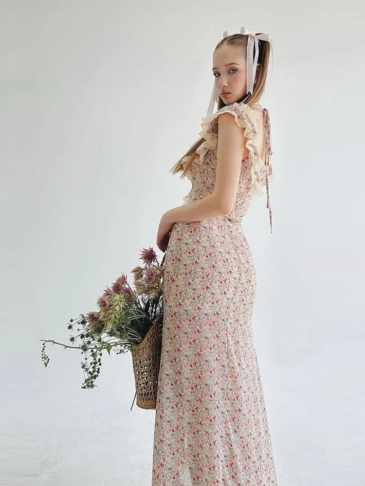 Colorful Maxi Dress High Split Patchwork Lace Folds Irregular Low-Neck Sweet Skinny