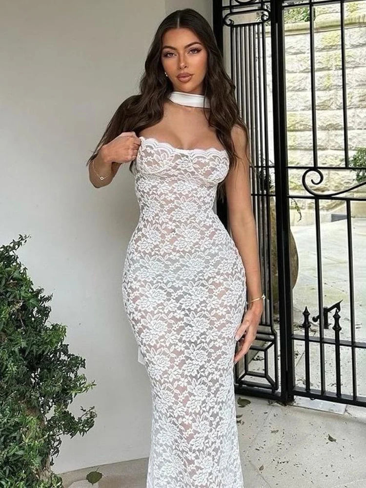 Lace Strapless Dress See Through Ribbon Long Dress Sleeveless Dress
