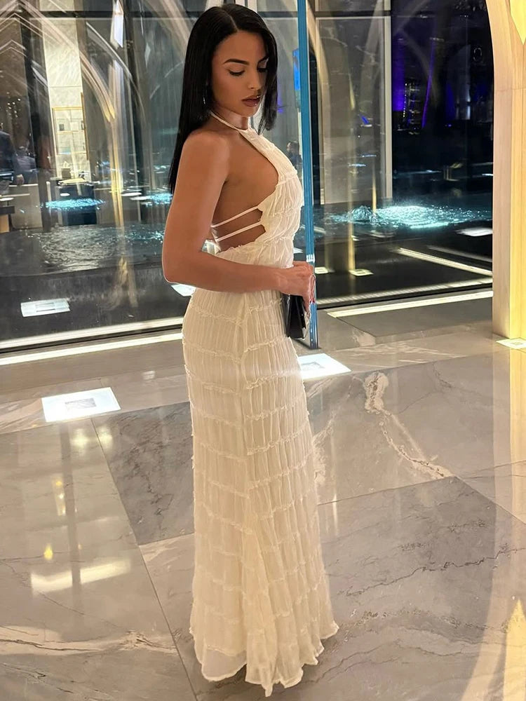 Backless See Through Halter Maxi Dress Sleeveless High Waist Dress Loose