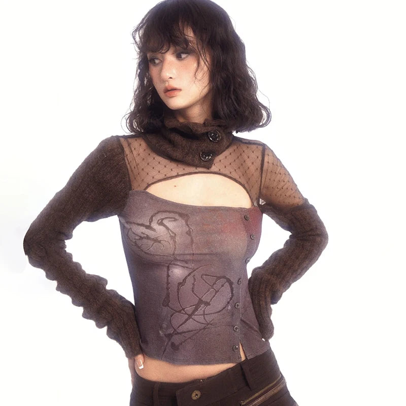 Neck Hollow Lace Sweater Long Sleeve Patchwork Slim Top Shirt Top