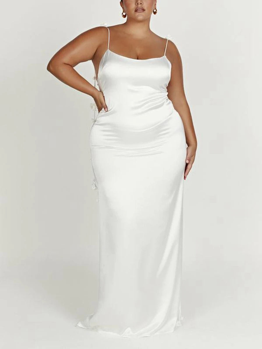 's Color Flower Tassel Backless Sleeveless Satin Maxi Long Bodycon Sling Dress