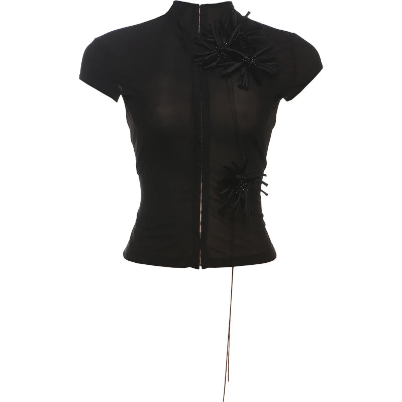 Tassel Applique Crop Top Single-Breasted Half-High Neck Tassel Midnight tie Versatile T-Shirt