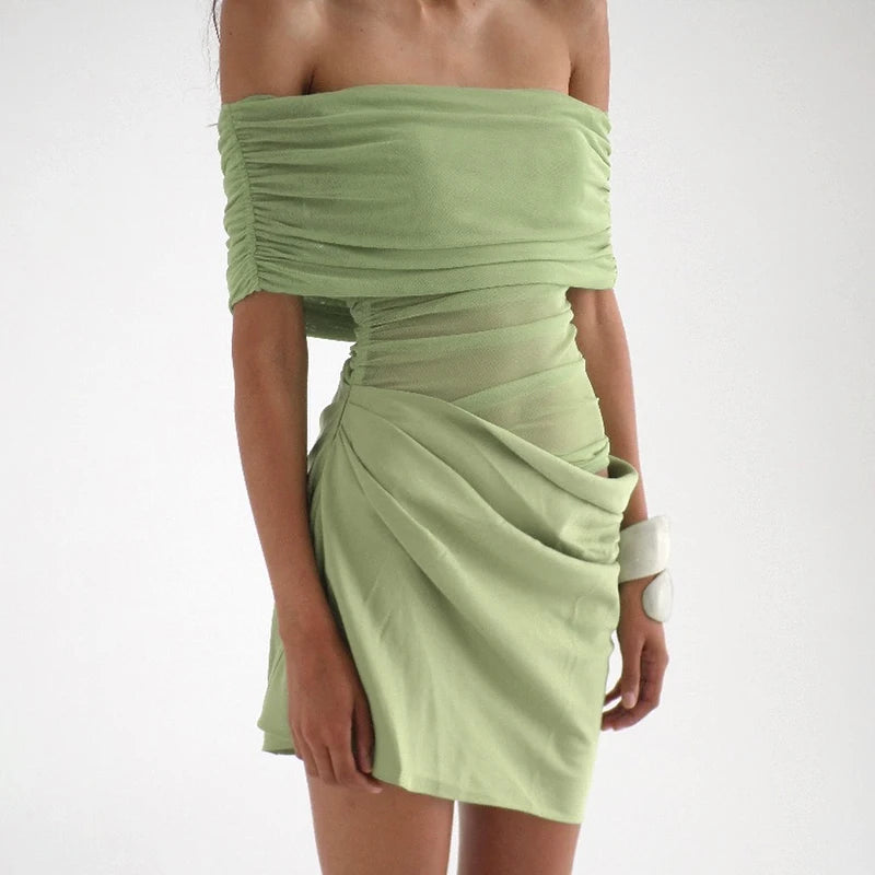 One-Shoulder Meh Patchwork Hollow Out Wait Short Pleat Dress Mini Dress