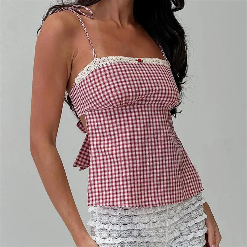 Coquette Tops Red Gingham Camisole Top Sleeveless Plaid Crop Top T-Shirt