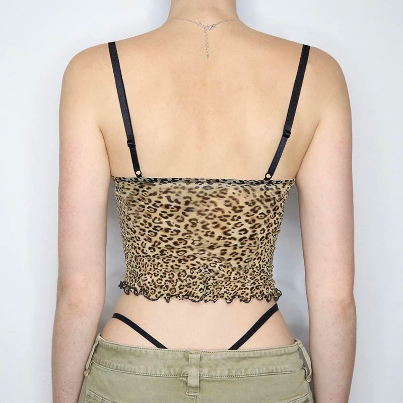 Leopard Print Slim Camisole V-Neck Backless Crop Top Sleeveless Patchwork Bow Vests