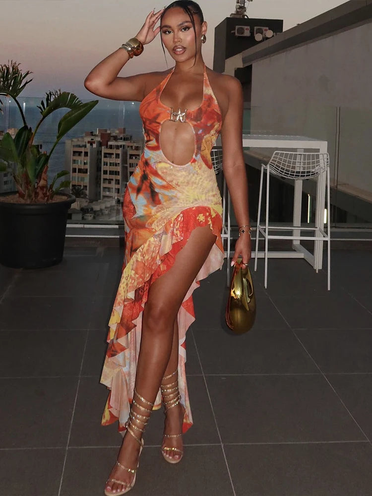 Orange Halter Backless High Split Maxi Dress with Ruffles