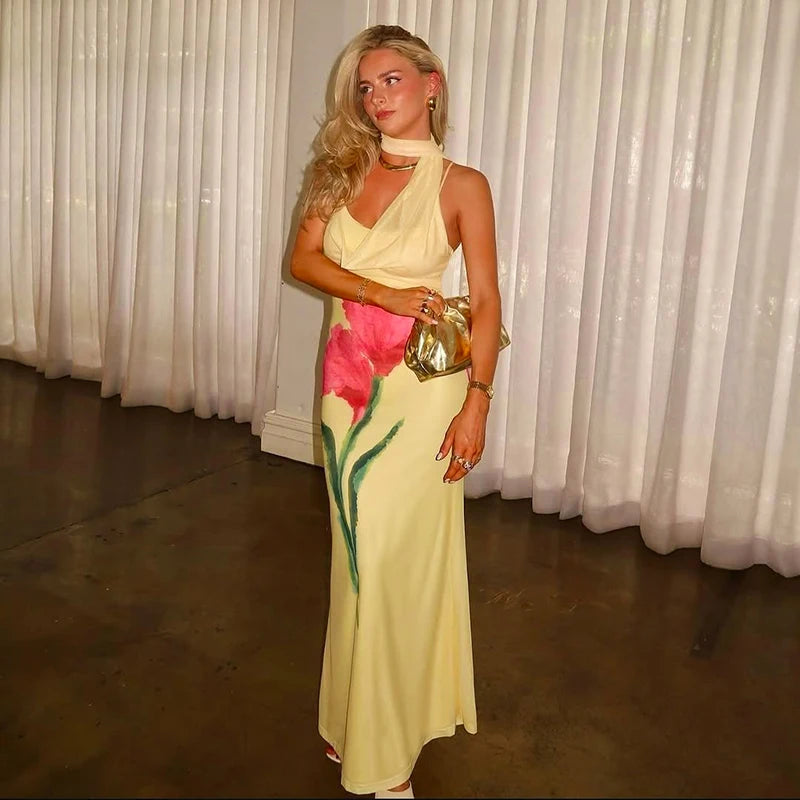 Flower Printing Hanging Neck Tie Backless High Waist Slim Fishtail Halter Long Dress