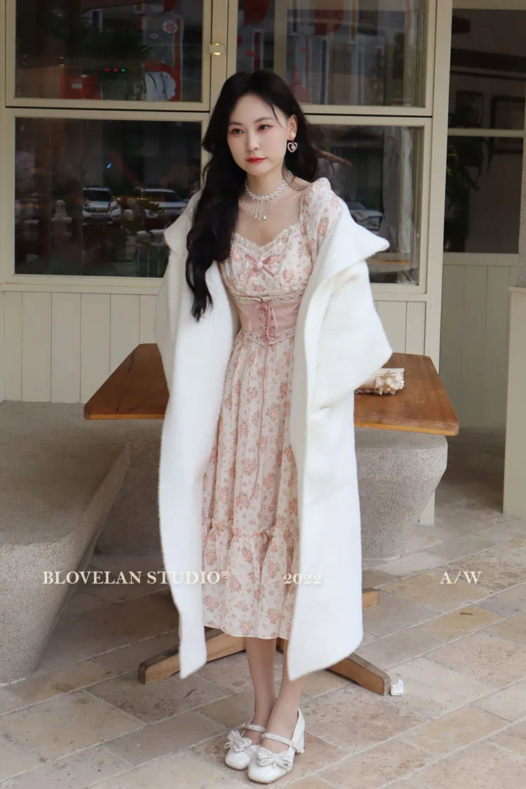 Spring Pink Floral Dress Bandage Lace Print Dress Puff Sleeve Kawaii Dress Princess Fairy