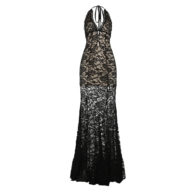 Hollow Out Lace Trumpet Dress Backless Deep V-Neck Sleeveless Maxi