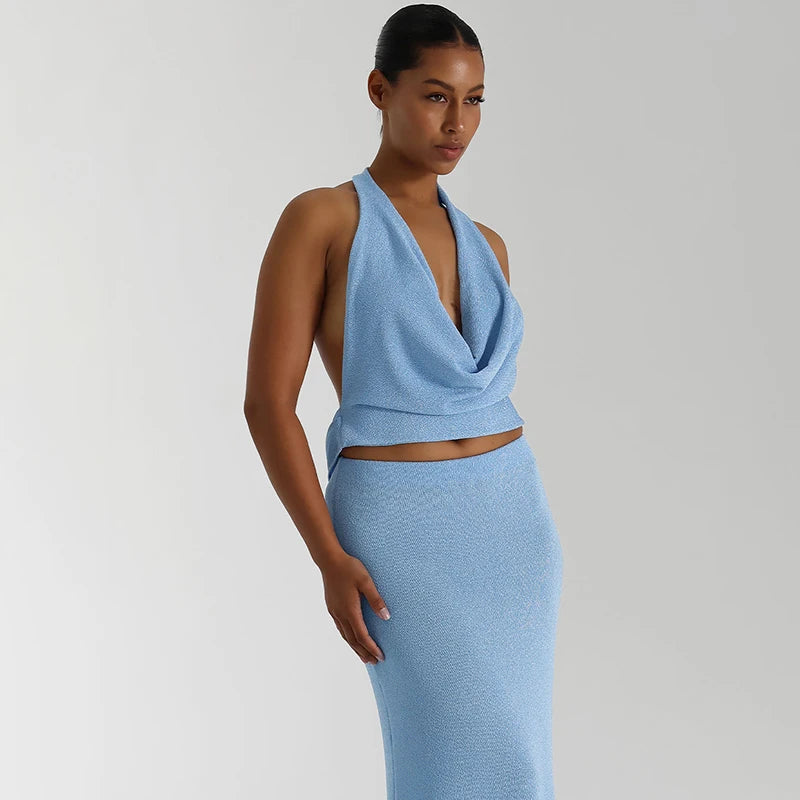 'S Color Hanging Neck V-Neck Backless Sleeveless Tank Top Long Fishtail Skirt Set